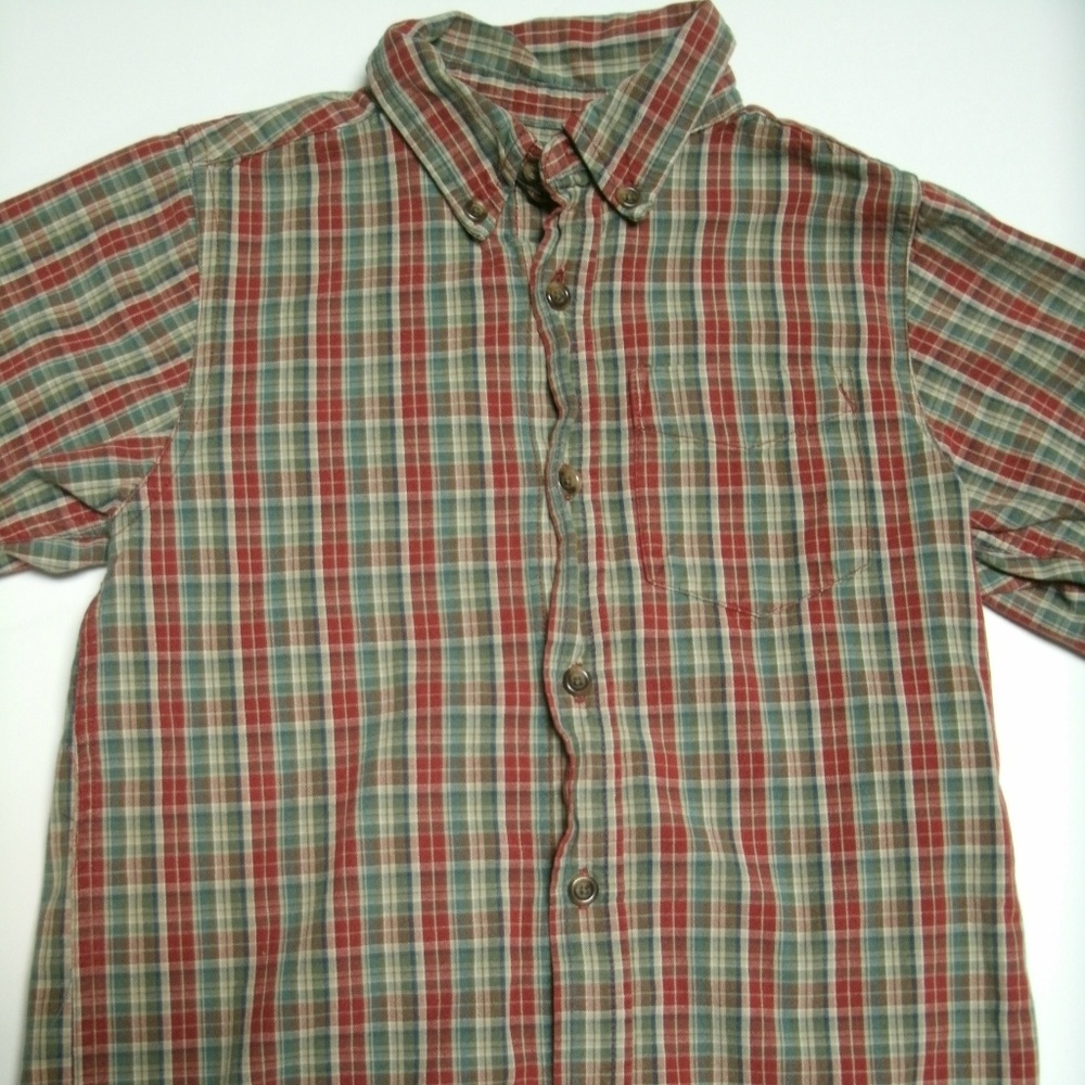 Children's Place Boys Shirt Button Down Red Tan Green Plaid Long Sleeve 5-6